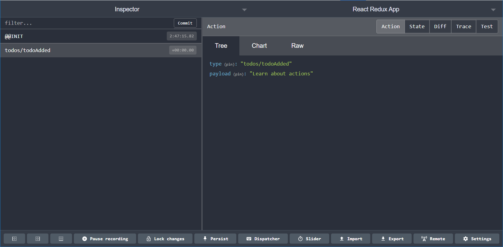 Extensión Redux DevTools: pestaña de acciones