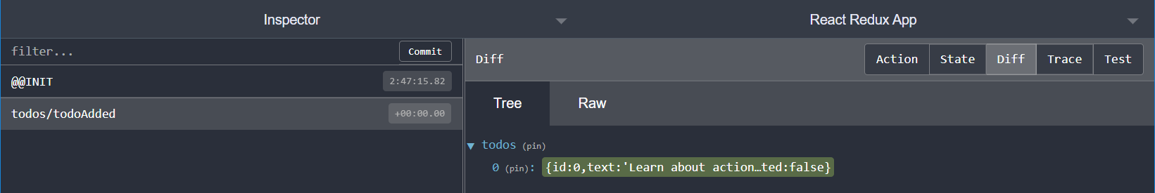 Extensión Redux DevTools: pestaña de diferencias