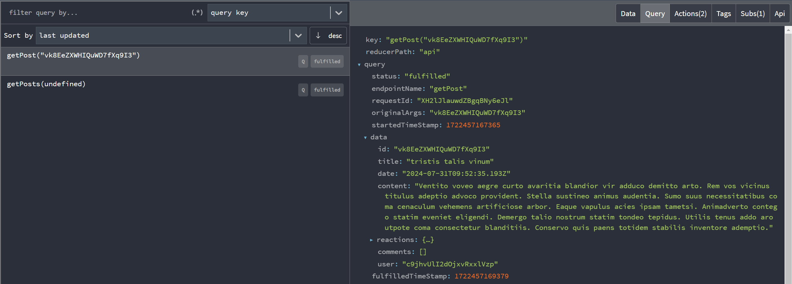 Redux store 中缓存的 RTK Query 数据